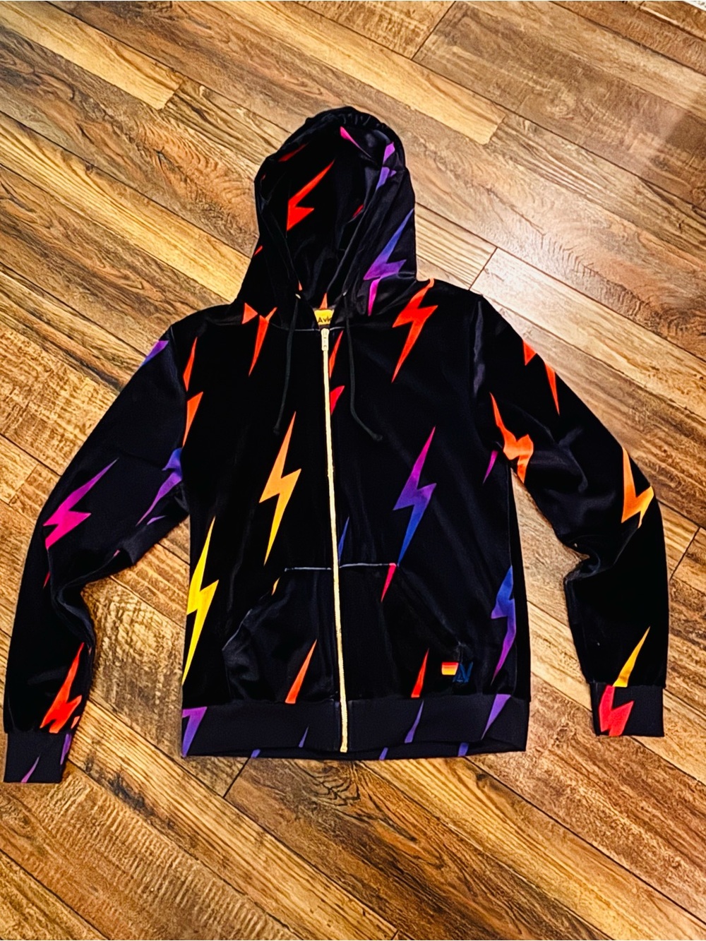 Aviator Nation Black Zip Hoodie with Multicolor Lightning Bolts